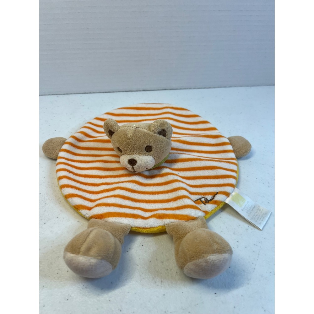 Doudou Thun Baby Bear Security Blanket Orange White Striped Round Plush Lovey7"
